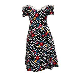 1980s Rockabilly Crinoline Off-the-Shoulder Polka Dot Flower Twirly Party‎ Dress